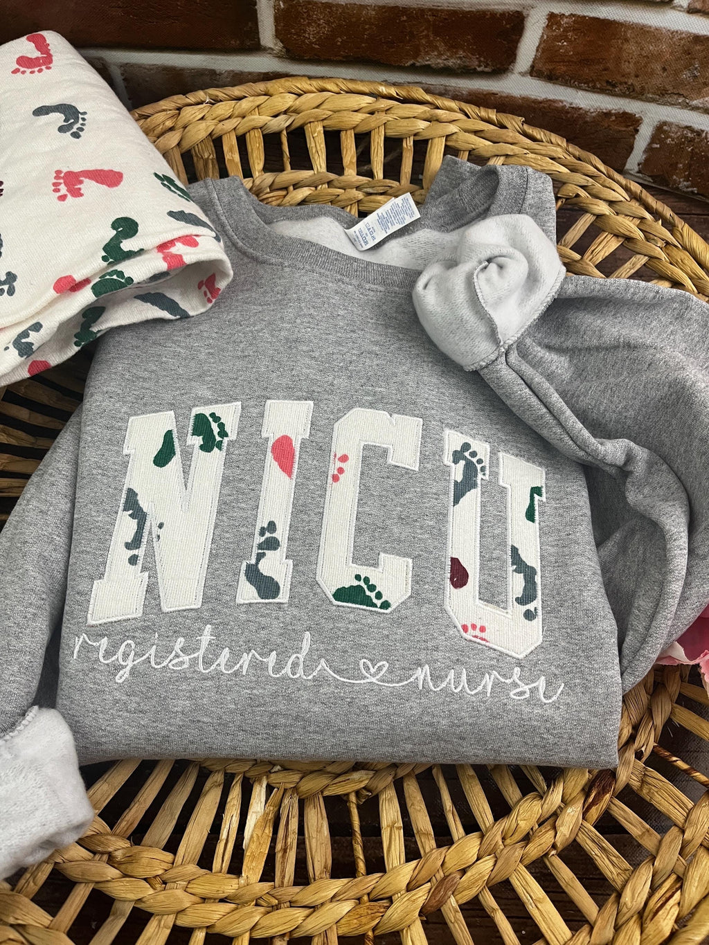 Curved NICU nurse embroidered sweatshirt made from a baby hospital blanket - view 4