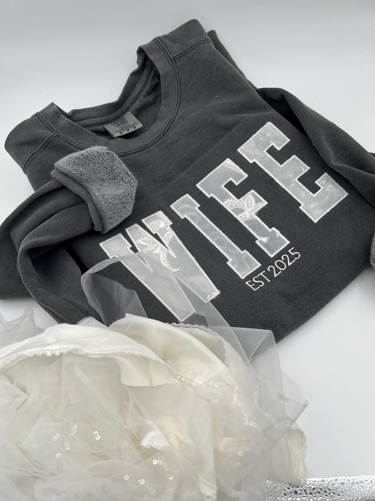 Custom BRIDE applique keepsake sweatshirt made from wedding dress fabric - view 4