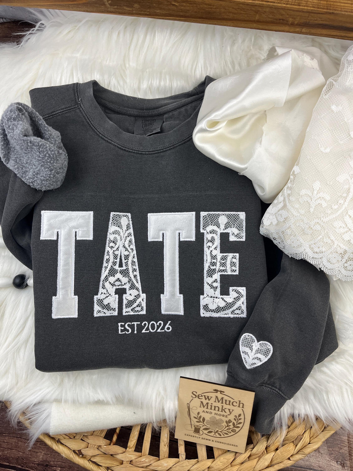 Custom BRIDE applique keepsake sweatshirt made from wedding dress fabric