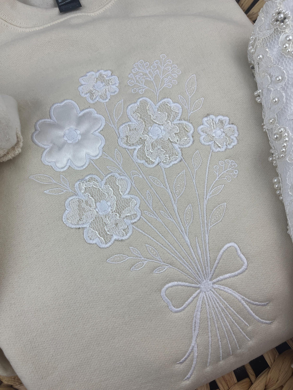 Bride memory keepsake applique sweatshirt - fabric detail