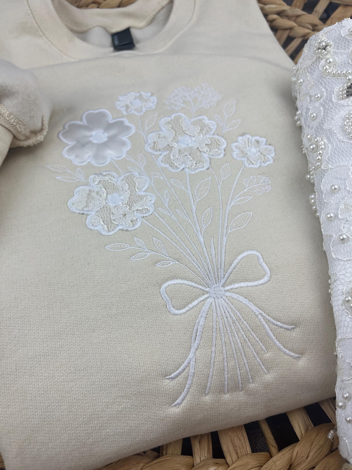 Bride memory keepsake applique sweatshirt - sleeve detail