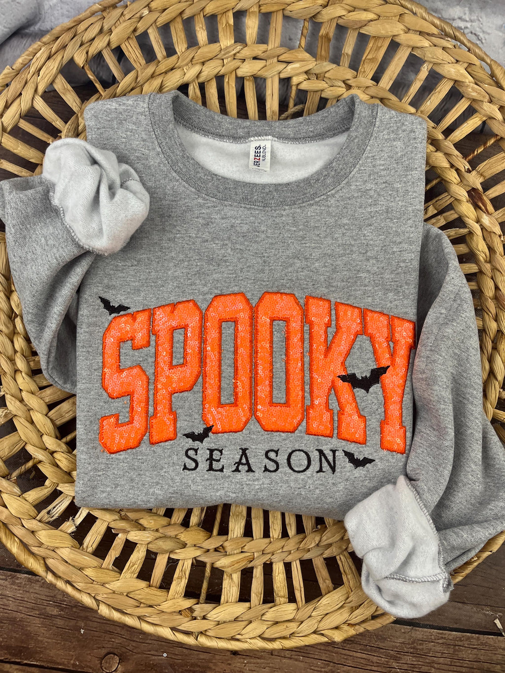 Halloween crewneck sweatshirt with orange sequin SPOOKY applique and embroidered bats - view 4