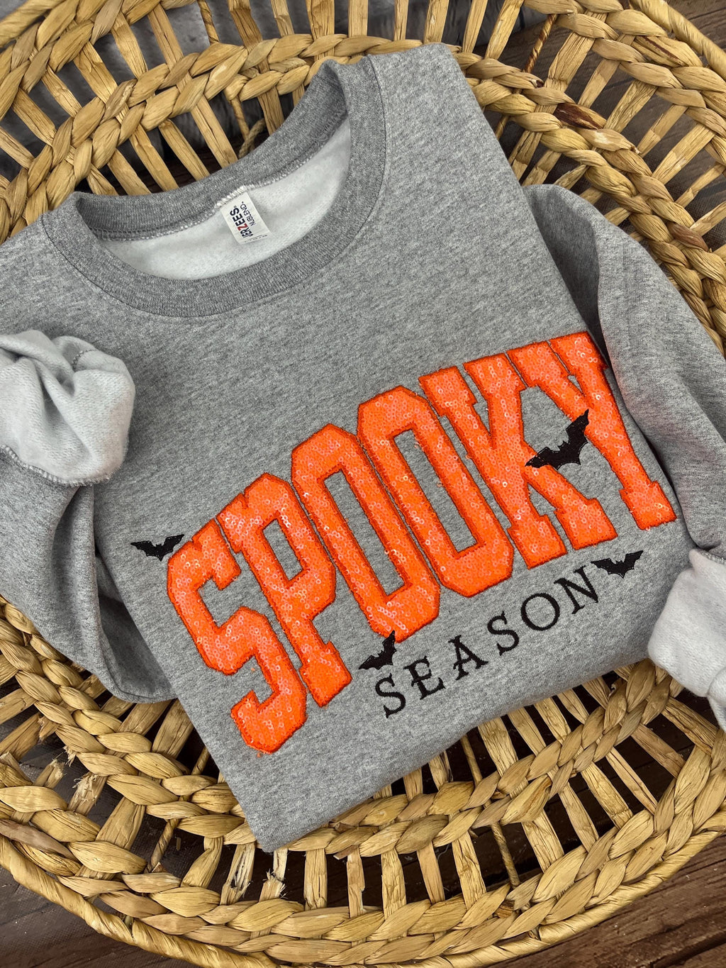 Halloween crewneck sweatshirt with orange sequin SPOOKY applique and embroidered bats - view 6