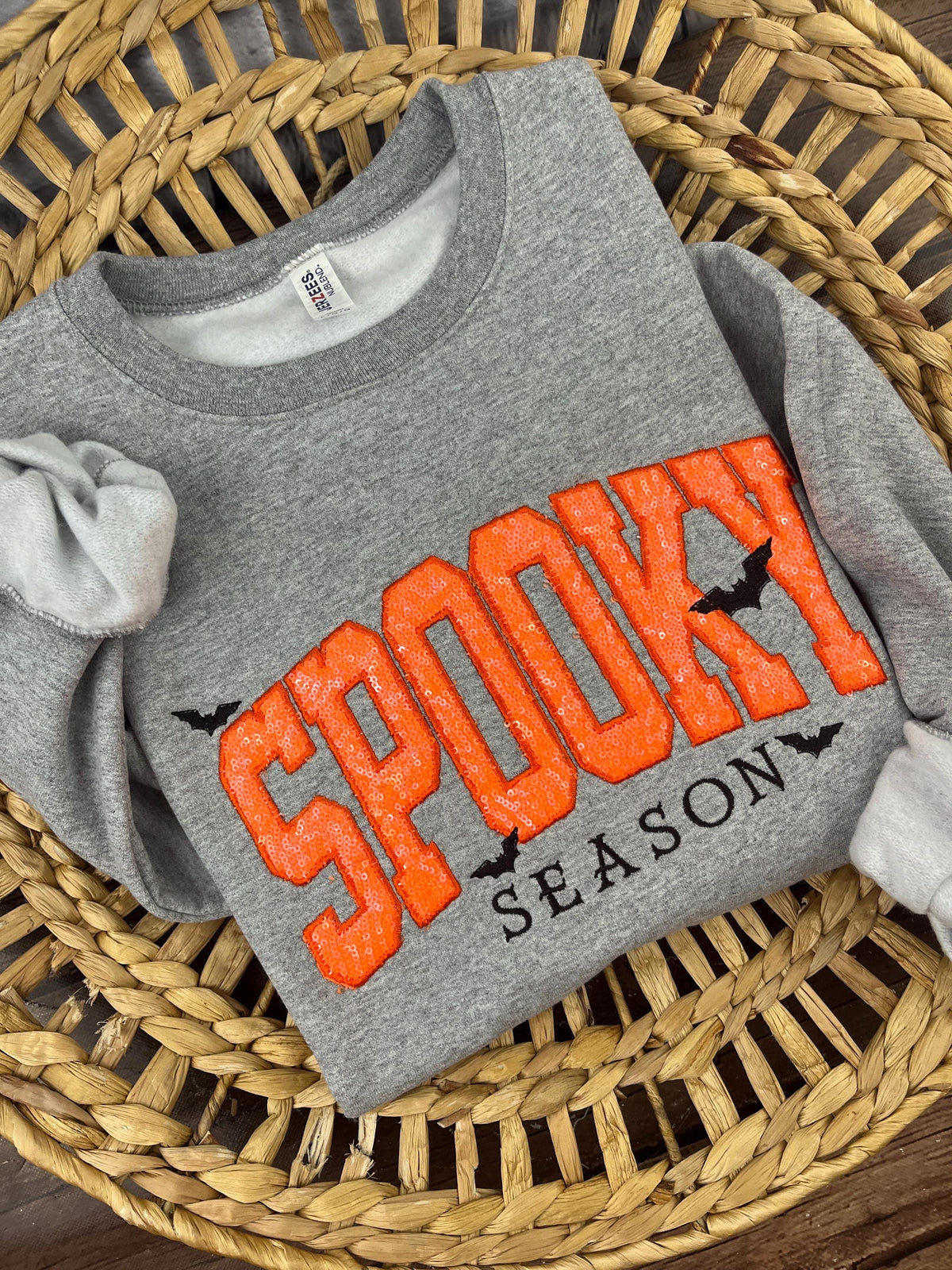 Halloween crewneck sweatshirt with orange sequin SPOOKY applique and embroidered bats - view 6