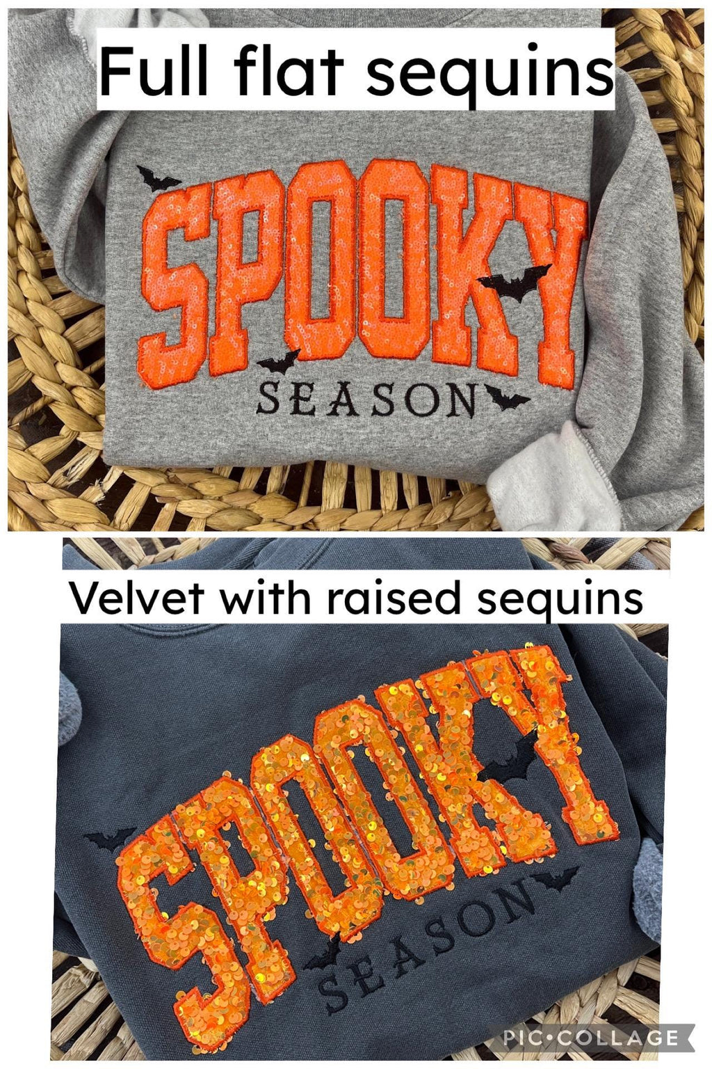 Halloween crewneck sweatshirt with orange sequin SPOOKY applique and embroidered bats - view 10
