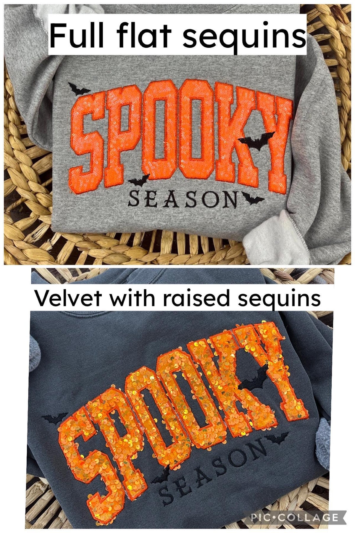 Halloween crewneck sweatshirt with orange sequin SPOOKY applique and embroidered bats - view 10