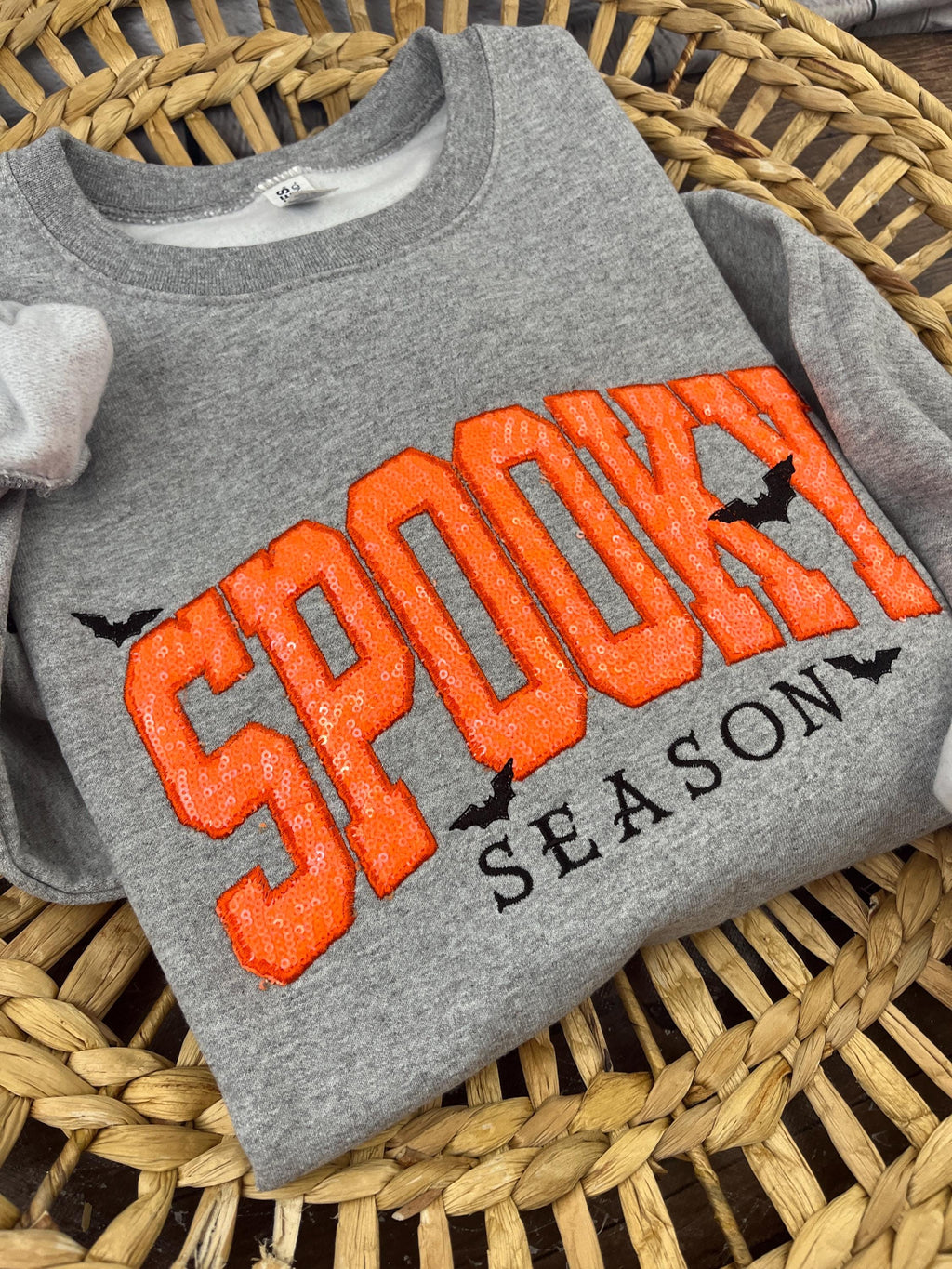 Halloween crewneck sweatshirt with orange sequin SPOOKY applique and embroidered bats - view 5