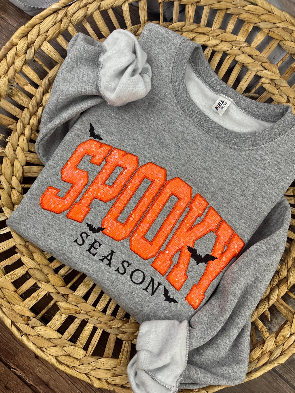 Halloween crewneck sweatshirt with orange sequin SPOOKY applique and embroidered bats - view 7