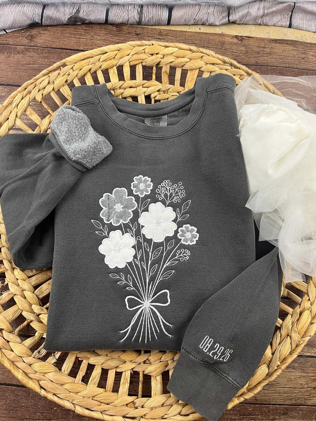 Bride memory keepsake sweatshirt with wedding dress and flower bouquet applique