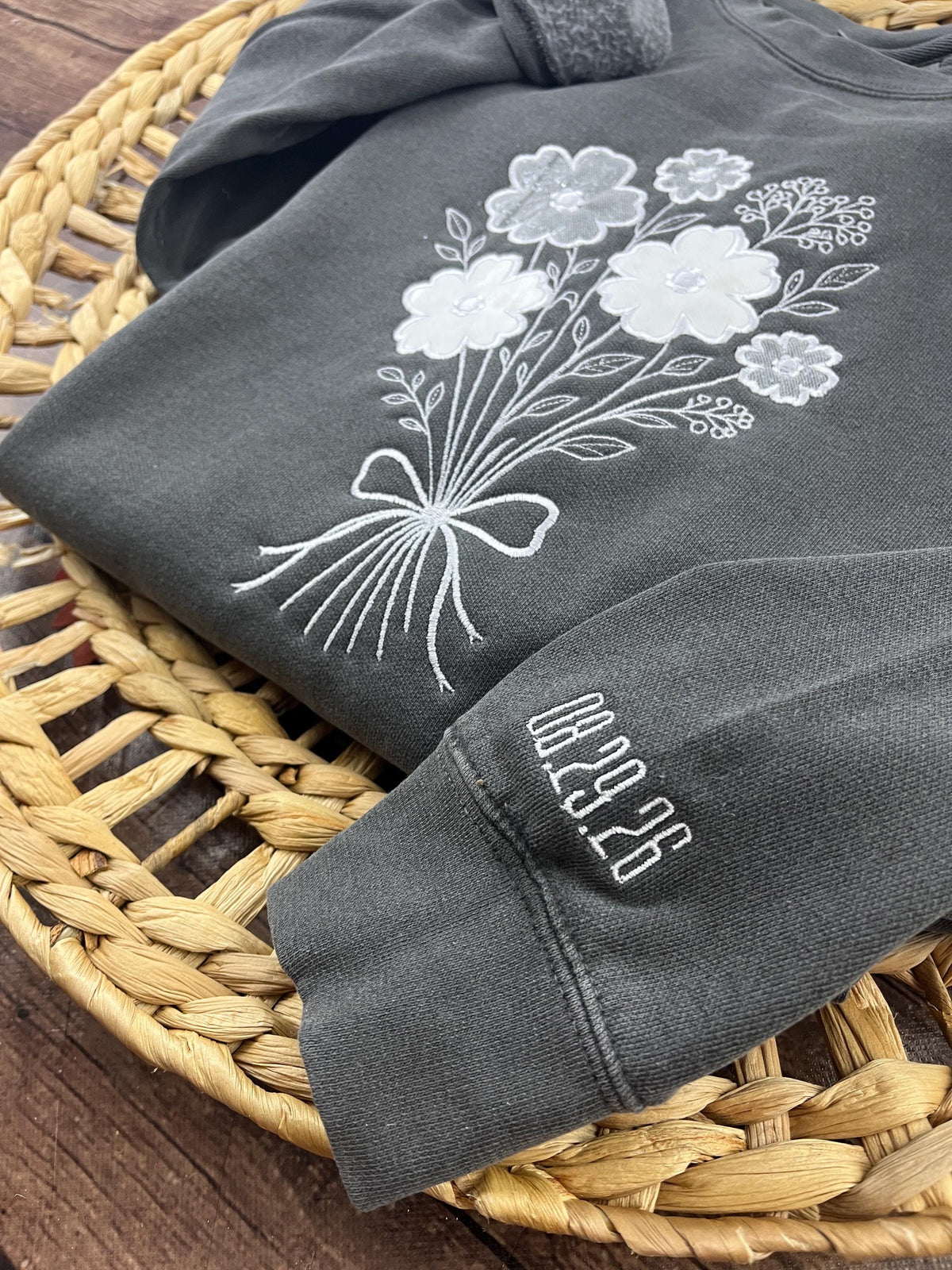 Bride memory keepsake sweatshirt with flower bouquet applique - close up