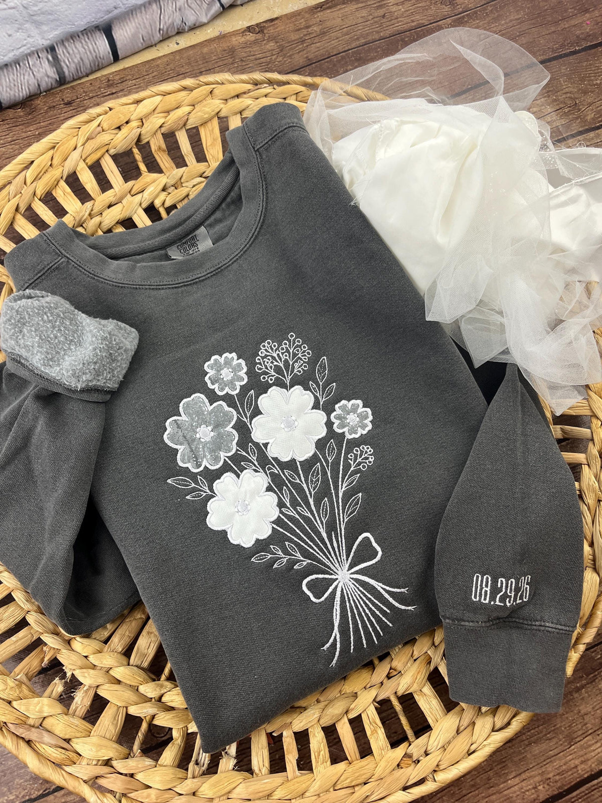 Bride memory keepsake applique sweatshirt - stitching detail