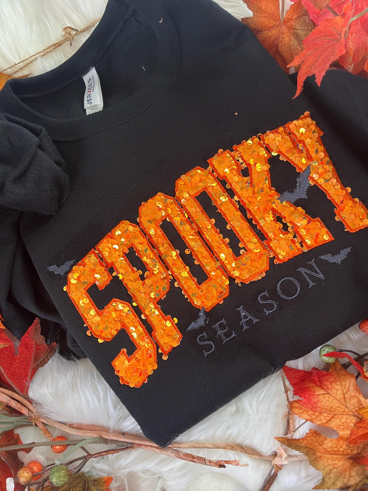 Halloween crewneck sweatshirt with orange sequin SPOOKY applique and embroidered bats - view 13