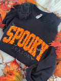 Halloween crewneck sweatshirt with orange sequin SPOOKY applique and embroidered bats