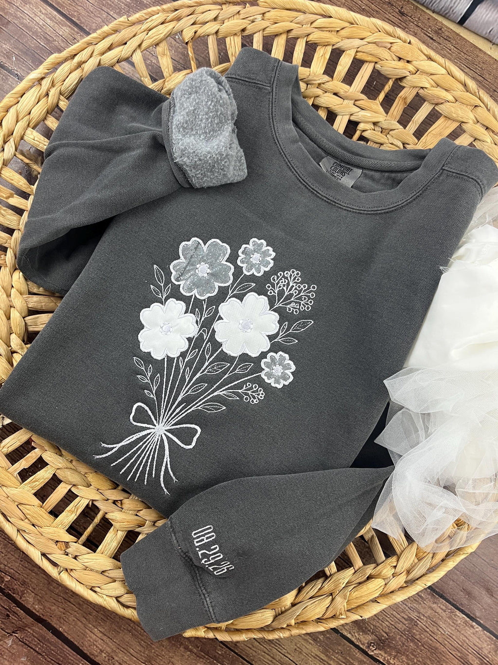 Bride memory keepsake sweatshirt with wedding dress applique - detail view