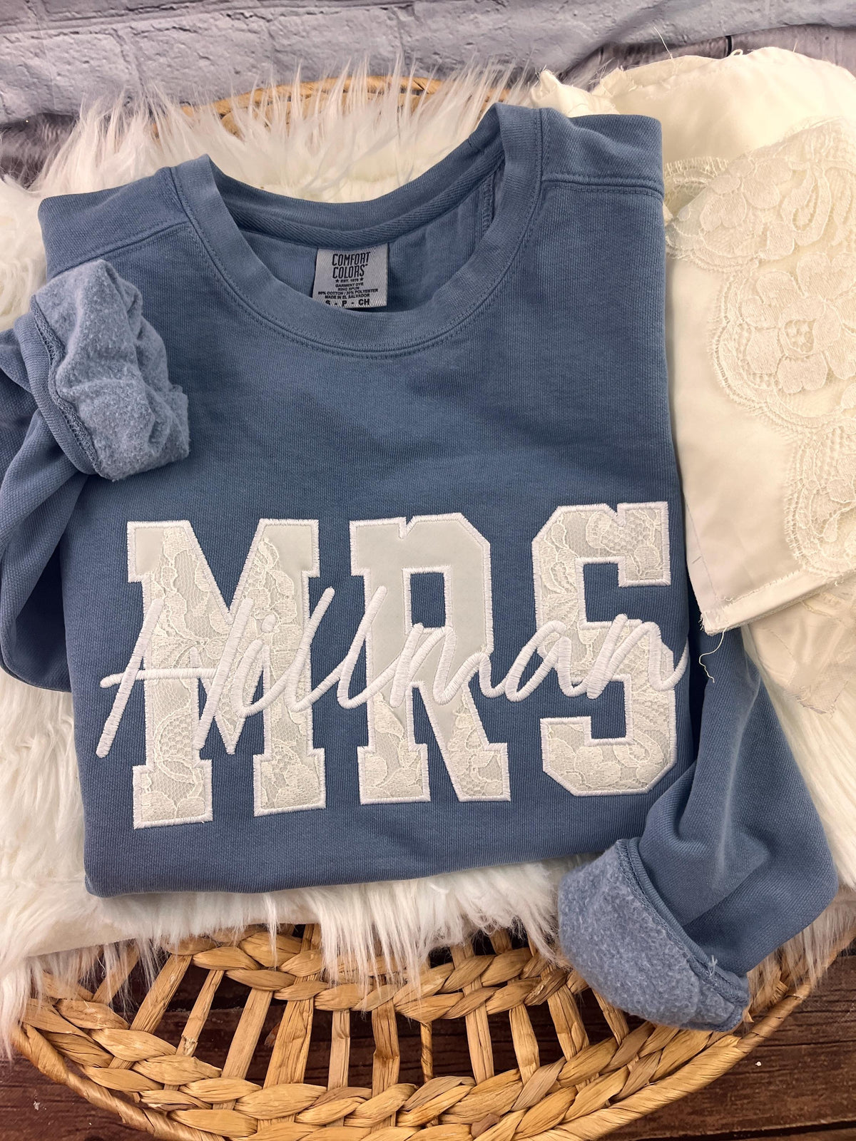 MRS wedding dress keepsake sweatshirt with new last name embroidered in white script