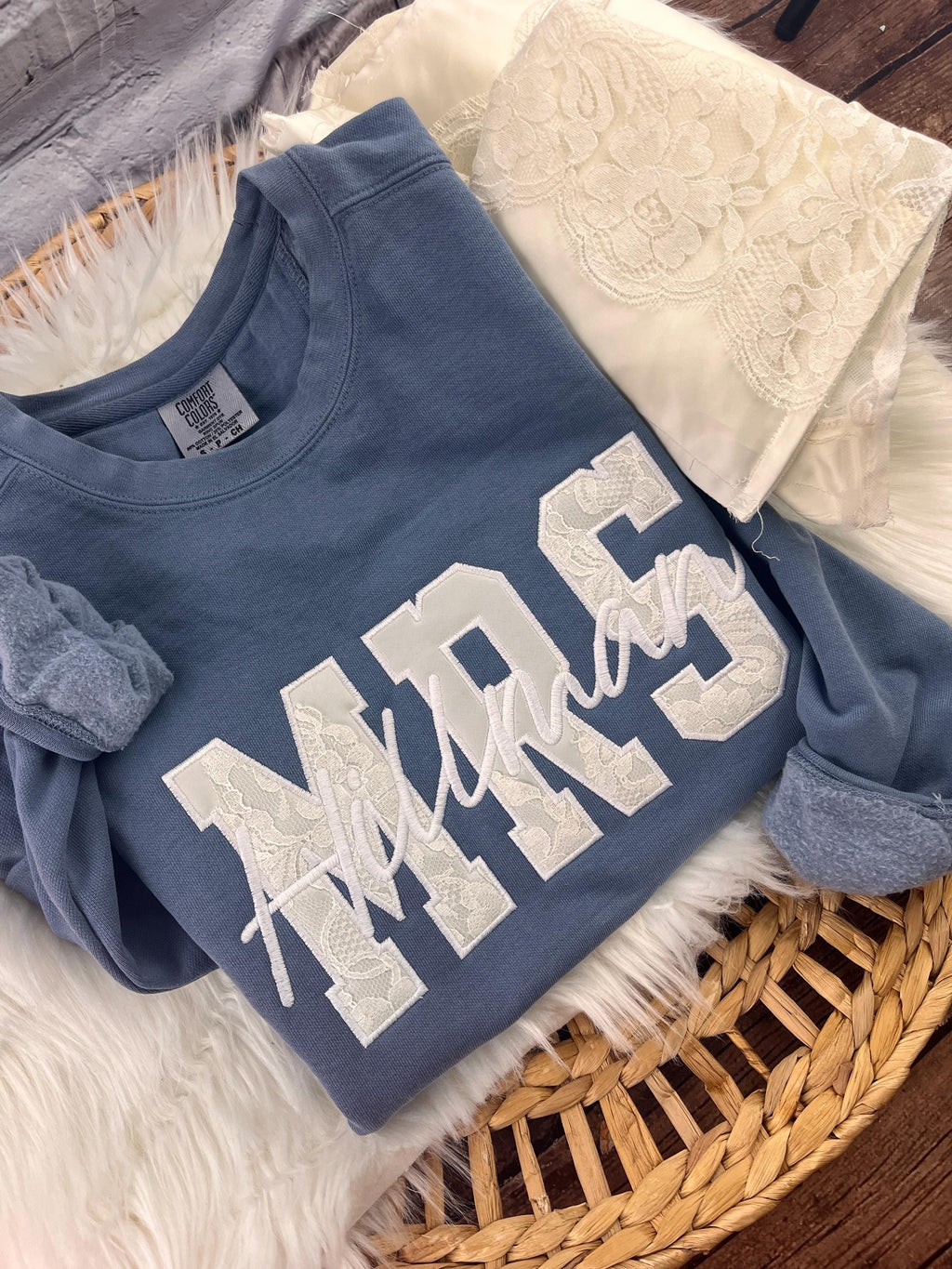 Custom MRS sweatshirt with wedding dress lace applique letters and embroidered last name