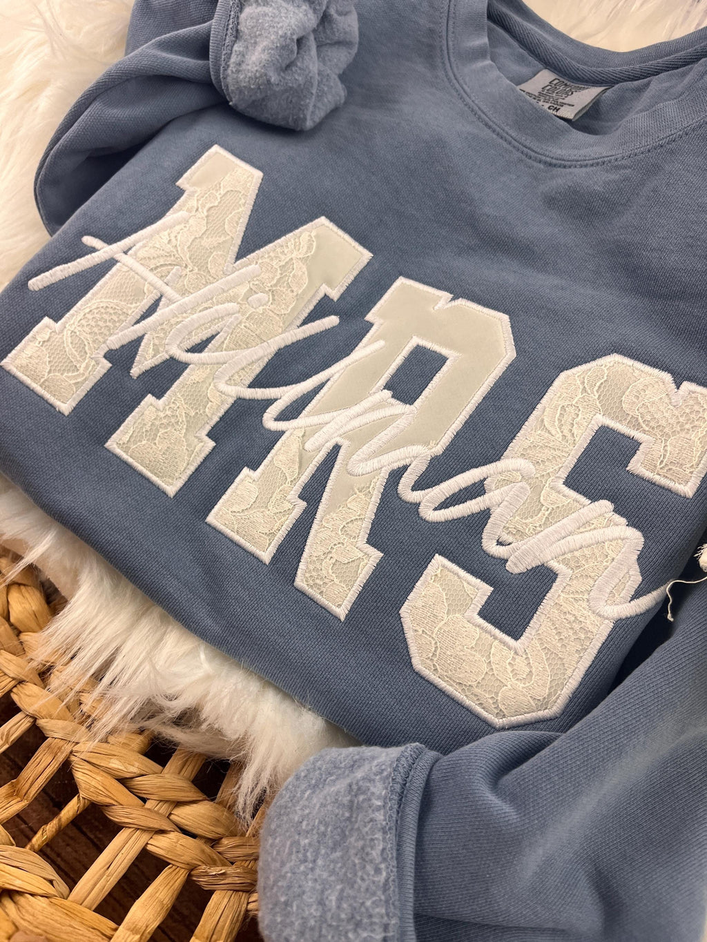 Bridal MRS keepsake sweatshirt with layered wedding dress lace and script embroidery