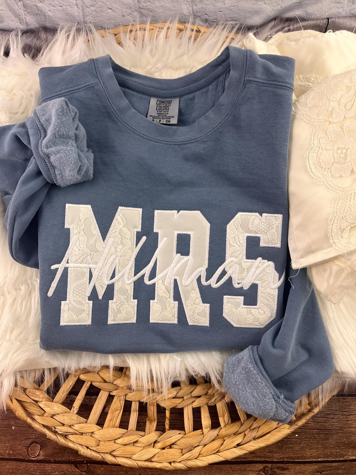 Personalized MRS applique sweatshirt made from wedding dress fabric - close up