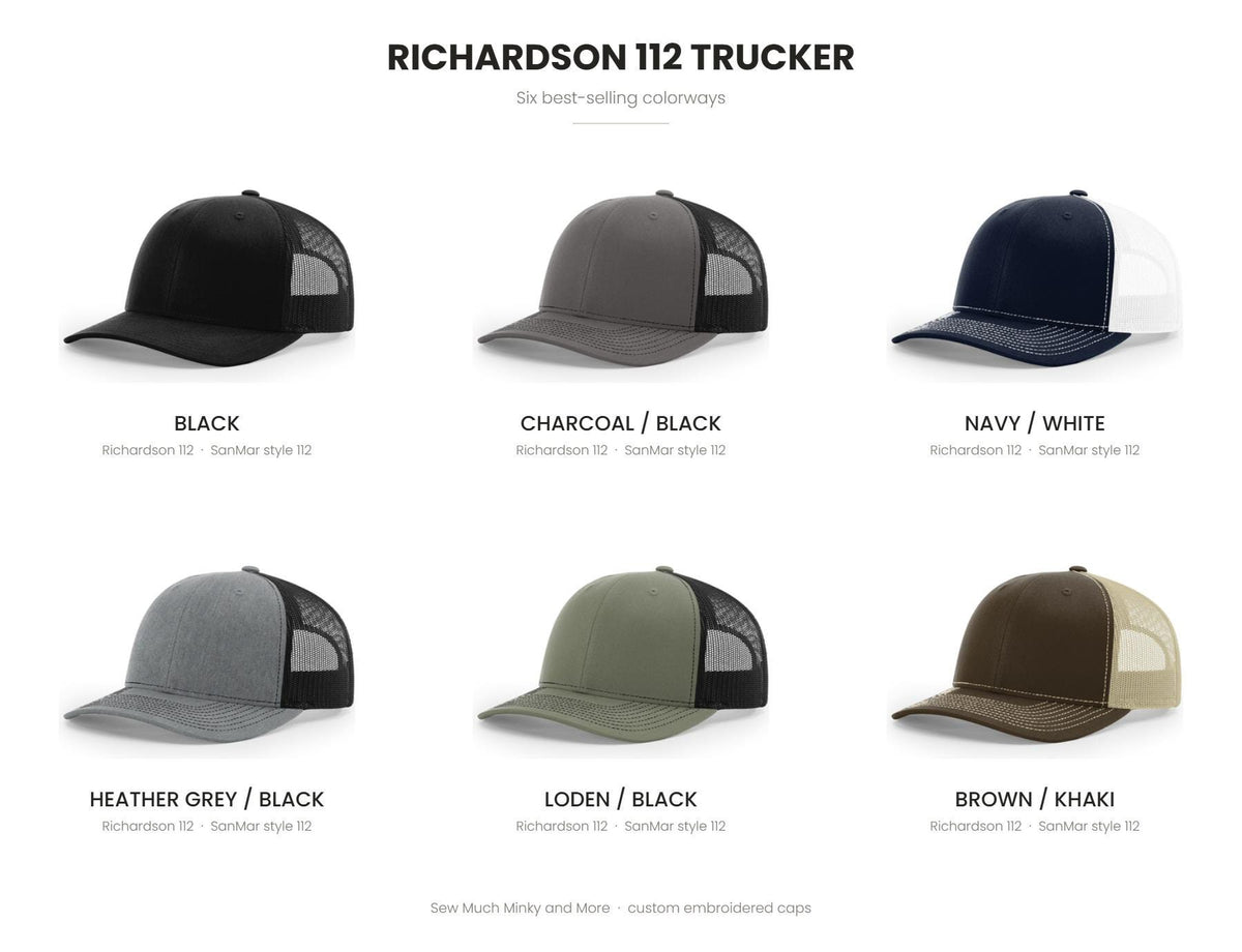 Richardson 112 trucker cap colour chart - Black, Charcoal/Black, Navy/White, Heather Grey/Black, Loden/Black, Brown/Khaki