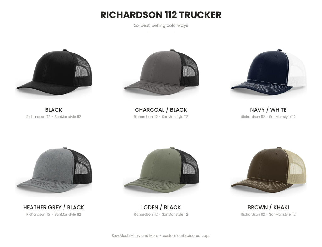 Richardson 112 trucker cap colour chart - Black, Charcoal/Black, Navy/White, Heather Grey/Black, Loden/Black, Brown/Khaki