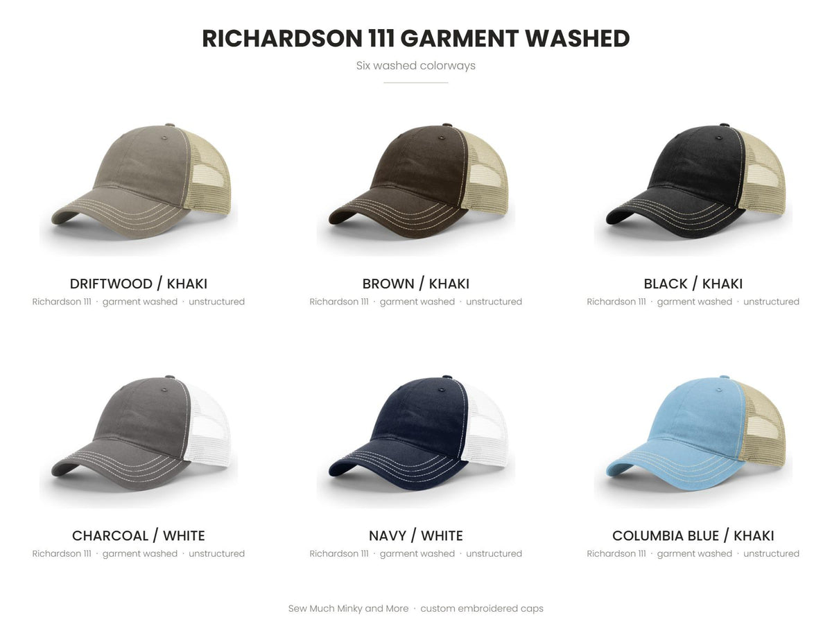 Richardson 111 garment washed cap colour chart - Driftwood/Khaki, Brown/Khaki, Black/Khaki, Charcoal/White, Navy/White, Columbia Blue/Khaki