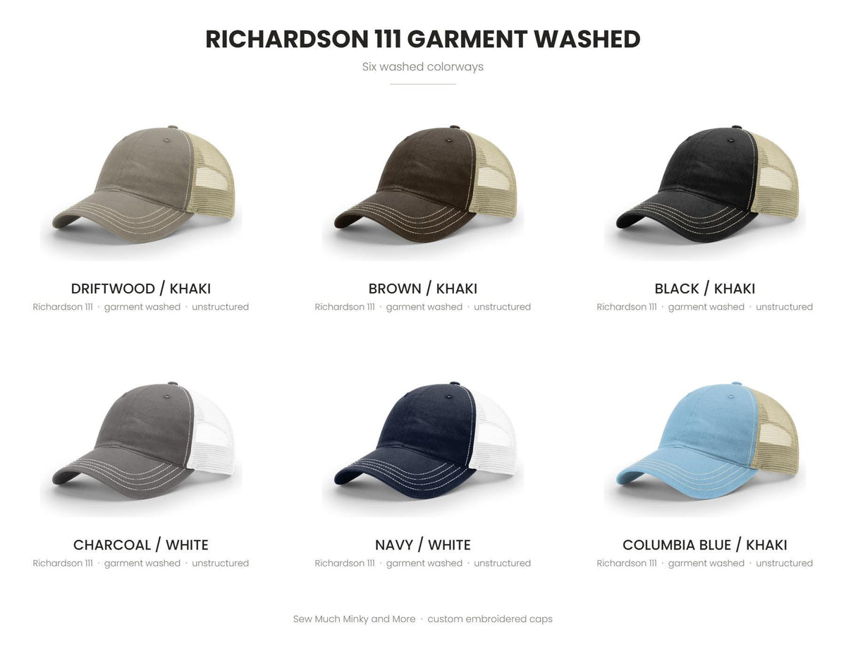 Richardson 111 garment washed cap colour chart - Driftwood/Khaki, Brown/Khaki, Black/Khaki, Charcoal/White, Navy/White, Columbia Blue/Khaki