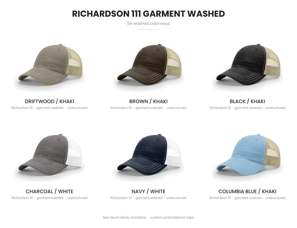 Richardson 111 garment washed cap colour chart - Driftwood/Khaki, Brown/Khaki, Black/Khaki, Charcoal/White, Navy/White, Columbia Blue/Khaki