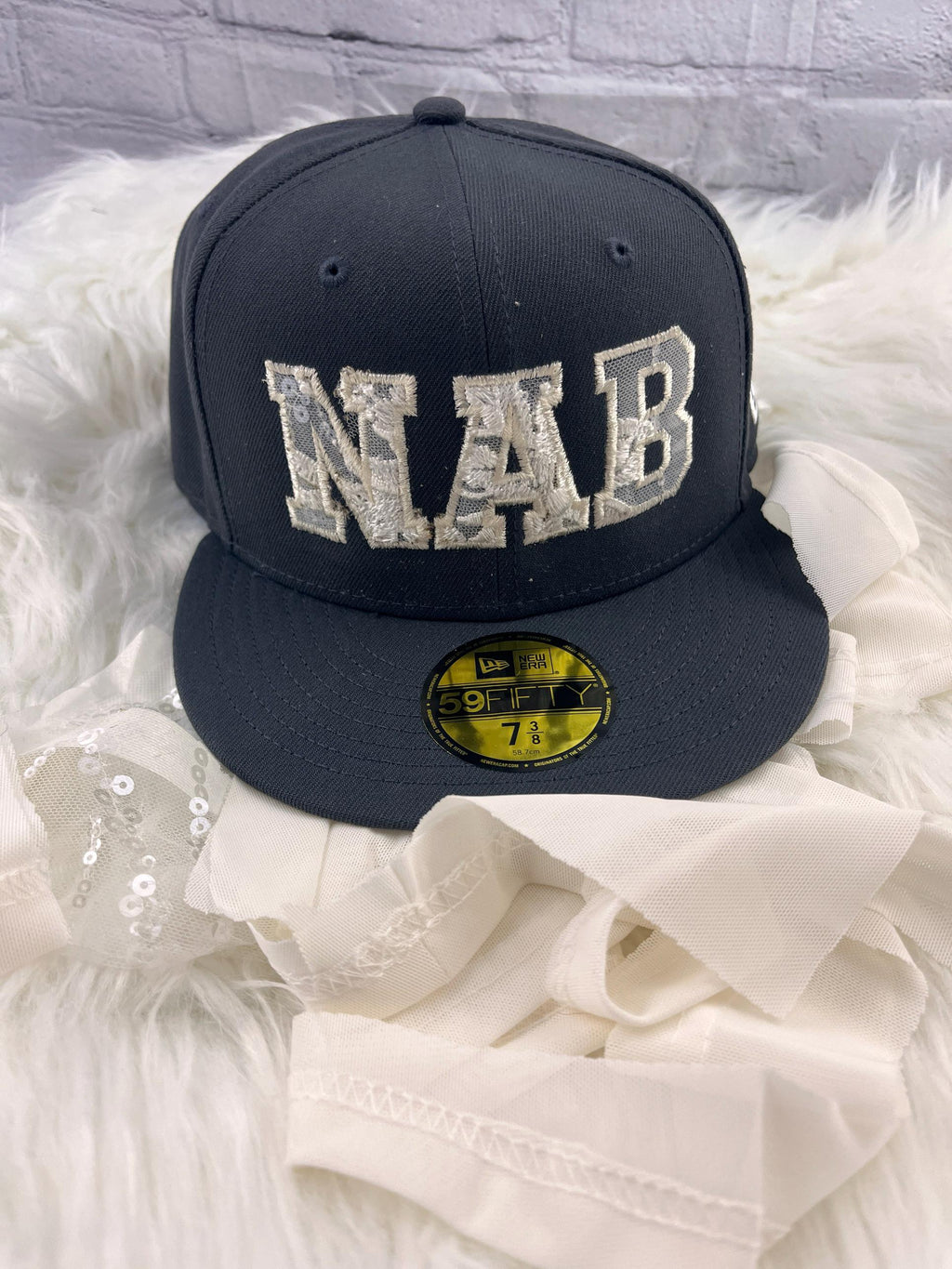 Wedding dress remnant keepsake hat with NAB initials appliqued in the bride's own gown fabric