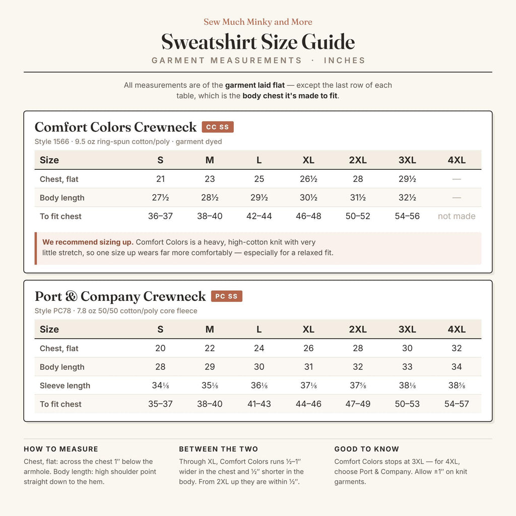 Sweatshirt size guide - Comfort Colors 1566 and Port & Company PC78 measurements