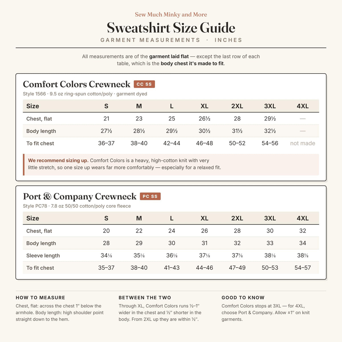 Sweatshirt size guide - Comfort Colors 1566 and Port & Company PC78 measurements