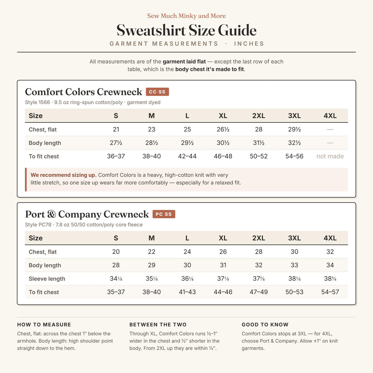 Sweatshirt size guide - Comfort Colors 1566 and Port & Company PC78 measurements