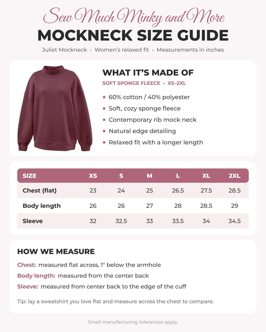 Mock neck sweatshirt size guide - Juliet Mockneck measurements and fabric