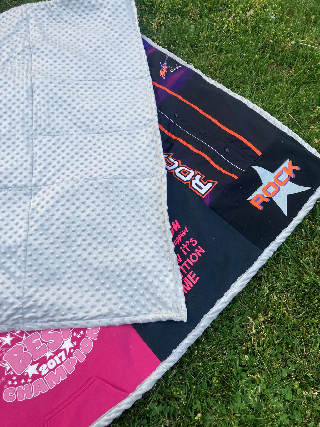 Memory quilt handmade from a loved ones clothing - styled photo