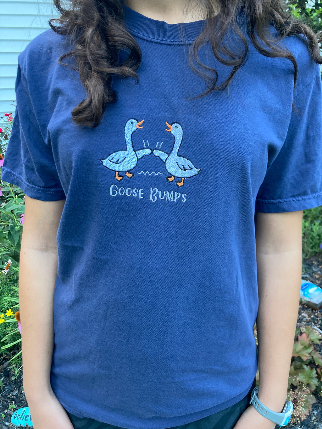 Goose Bumps funny embroidered shirt - close up