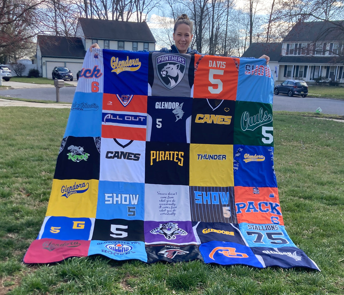 Memory quilt handmade from a loved ones clothing - angled view