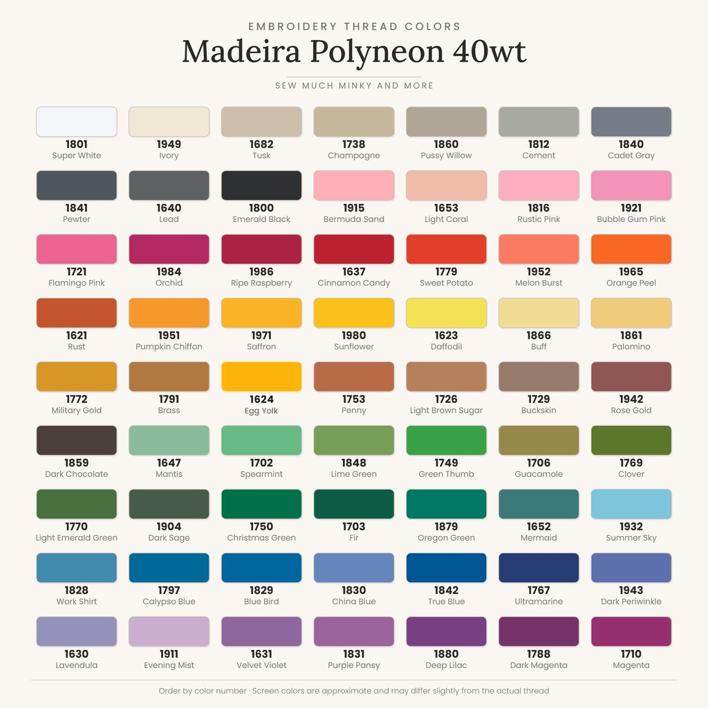 Madeira Polyneon embroidery thread color chart - 63 colors - Sew Much Minky and More