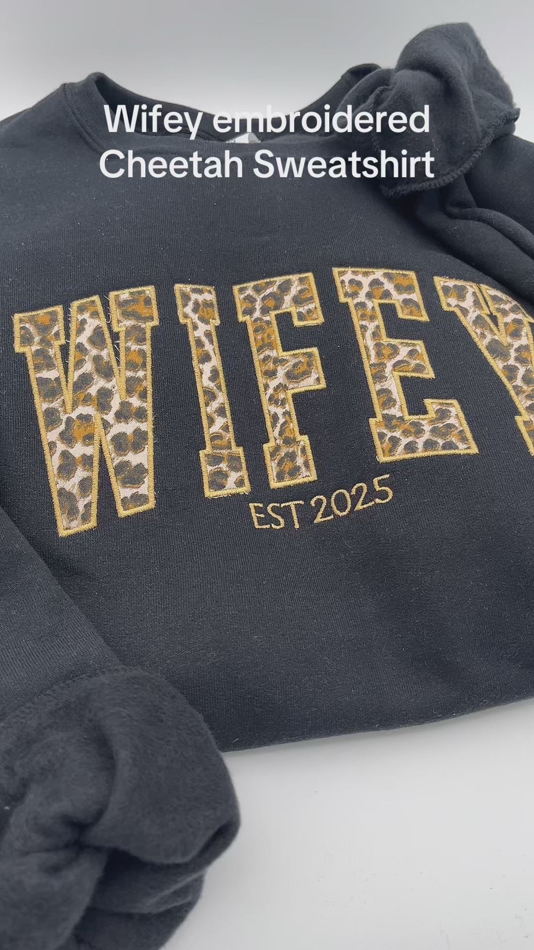 Curved WIFEY Sweatshirt Cheetah Appliqué, Custom EST Year, Bridal Shower Gift, Newlywed Hoodie, Wedding Date Sweatshirt, Wife Gift