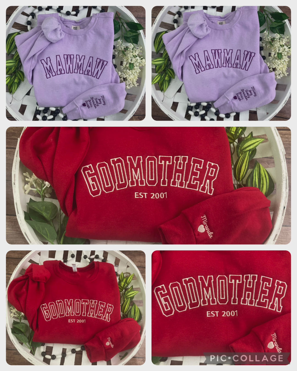 Embroidered Mama, Mommy, Godmother, Grandma Varsity Font Sweatshirts - Embroidered with names on sleeve