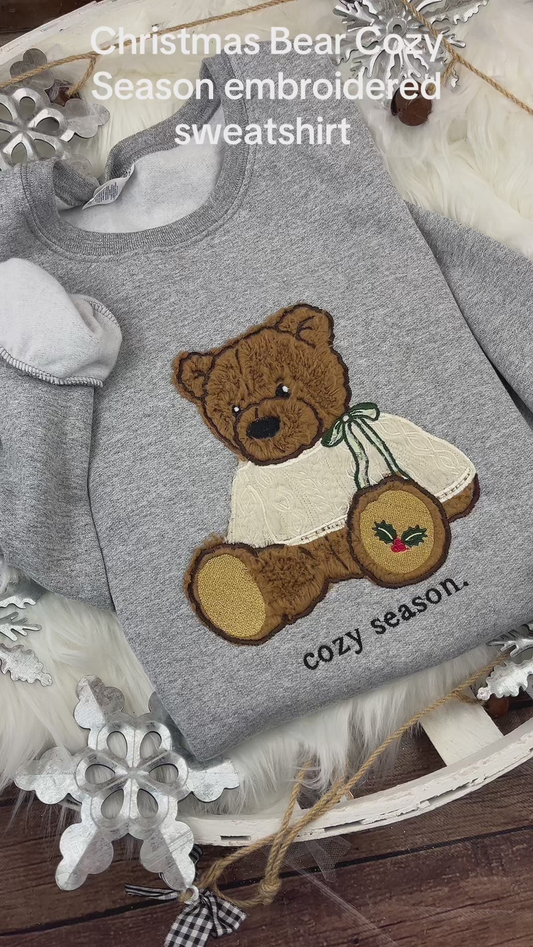 Embroidered Christmas Bear Sweatshirt Brown Sherpa Applique Holly Paw Holiday Gift Cozy Winter Custom Made