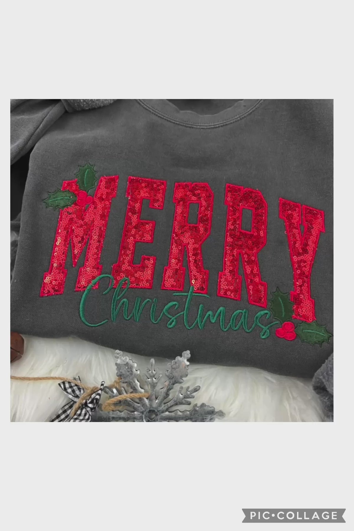 MERRY Sequin Christmas Sweatshirt Curved Script Holiday Pullover with Holly Berries | Crewneck. Gift Ideas.