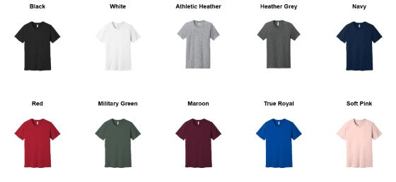 Bella Canvas t-shirt color chart: Black, White, Athletic Heather, Heather Grey, Navy, Red, Military Green, Maroon, True Royal, Soft Pink