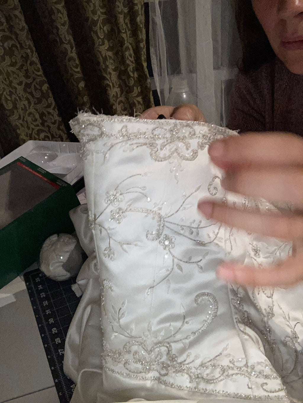 Wedding dress memory quilt keepsake made from a wedding gown - close up