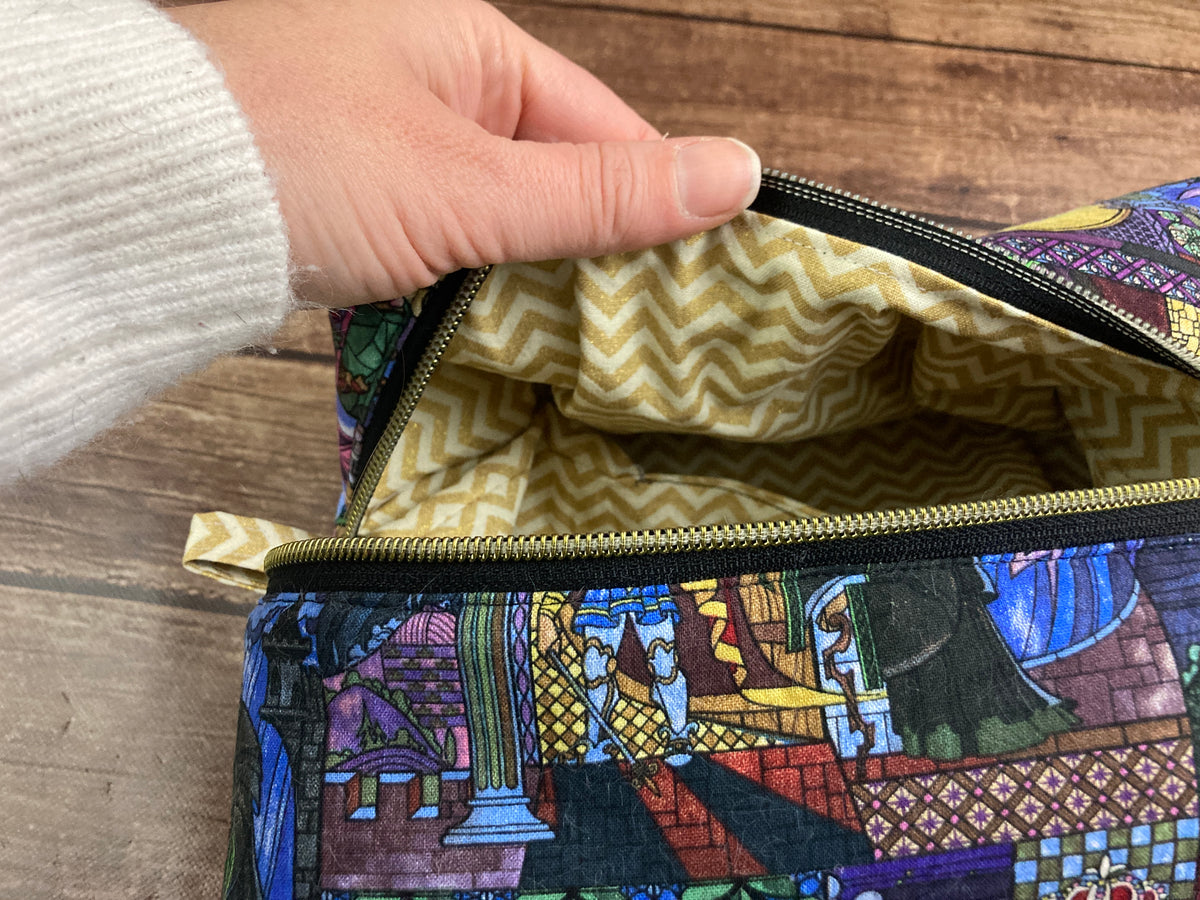 Fairy tale rose print handmade boxy zipper makeup pouch - fabric detail