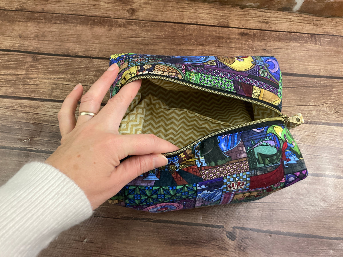 Fairy tale rose print handmade boxy zipper makeup pouch - detail view