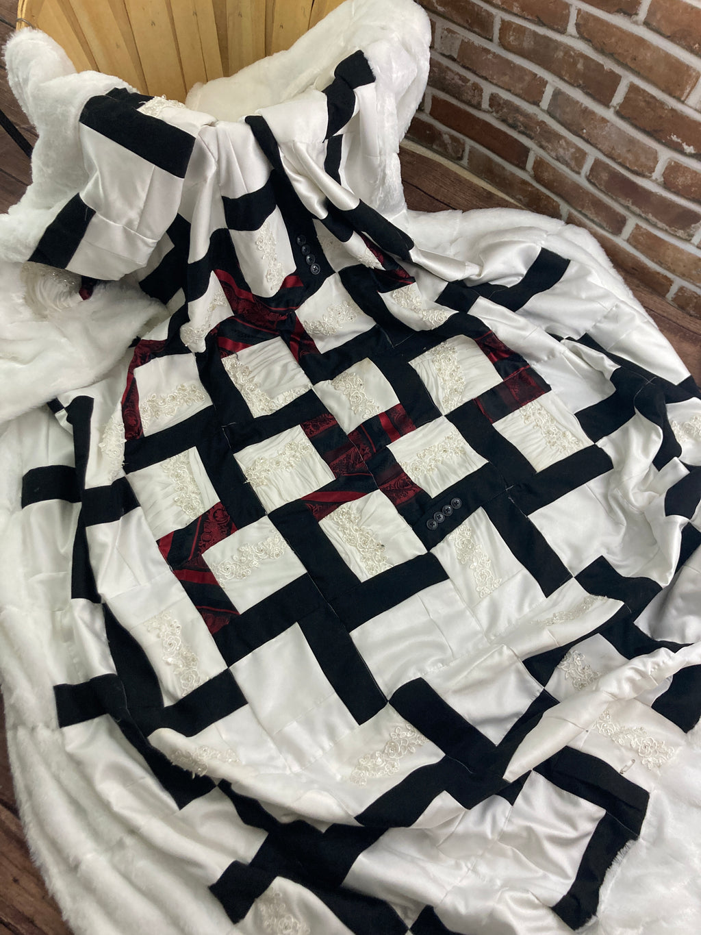Wedding dress memory quilt keepsake made from a wedding gown - draped view
