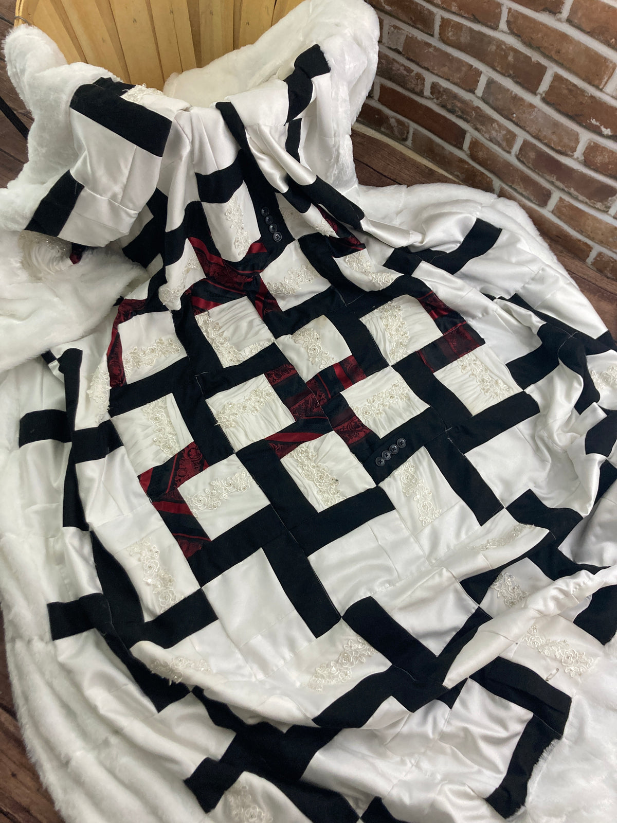 Wedding dress memory quilt keepsake made from a wedding gown - draped view
