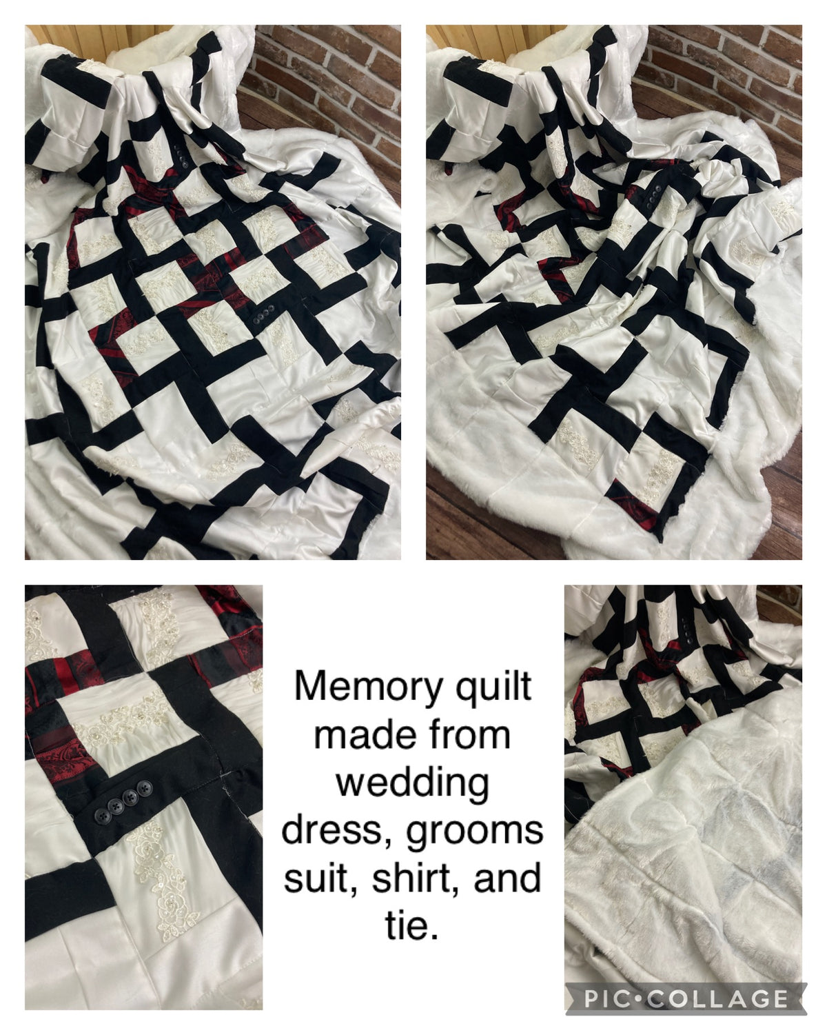 Wedding dress memory quilt keepsake made from a wedding gown - side view