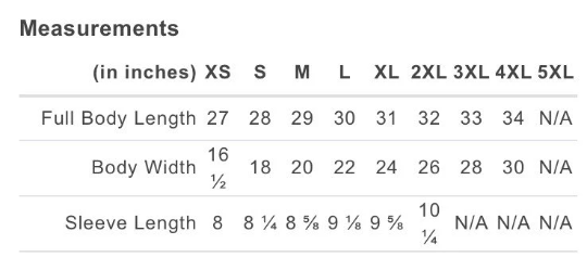Unisex shirt measurement and size chart