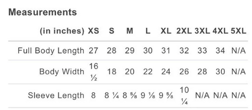Unisex shirt measurement and size chart